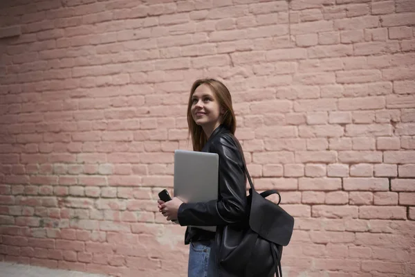 Dreamy Hipster Girl Walking Stylish Backpack Laptop Device Hand Looking — Stock Photo, Image