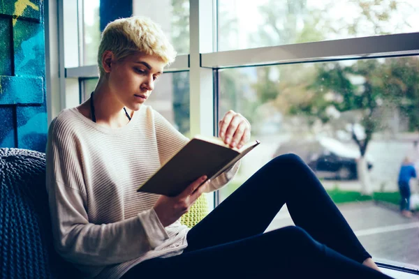 Attractive Trendy Dressed Hipster Girl Reading Interesting Book Resting Coworking — Stock Photo, Image