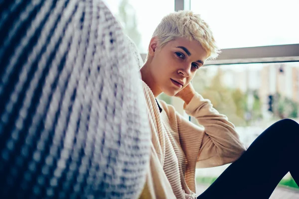 Portrait Pensive Hipster Girl Trendy Hairstyle Sitting Copy Space Area — Stock Photo, Image