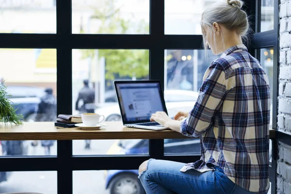 Arkadan görünüşü kafe, yetenekli freelancer sahte ekran yukarı haber uzak iş okuma yapma Wi-Fi bağlantısı kullanarak Web sitesi için reklam metni oluşturma dizüstü bilgisayarda yazarak kadın metin yazarı