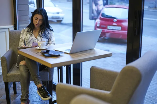 Geconcentreerd Brunette Eigenaar Van Handelsonderneming Met Behulp Van Digitale Apparaten — Stockfoto