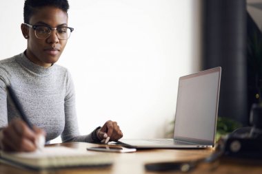 Müreffeh afro Amerikan işkadını için strateji geliştirmeye konsantre proje yapma accountings ve çözümleme gelir sahte ekranı ile dizüstü bilgisayarın yakınında otururken notlar yapma 