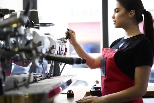 Cropped Image Business Female Barista Making Tasty Cappuccino Modern Silver — Stock Photo, Image