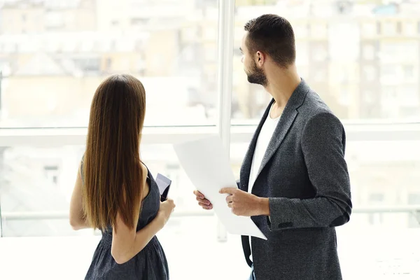 Male Female Colleagues Having Conversation Working Plans Standing Together Loft — Stock Photo, Image