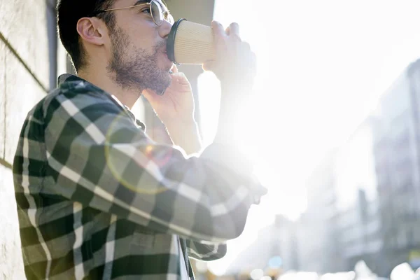 Handsome Male Tourist Dressed Casual Outfit Enjoying Tasty Coffee While — Stock Photo, Image