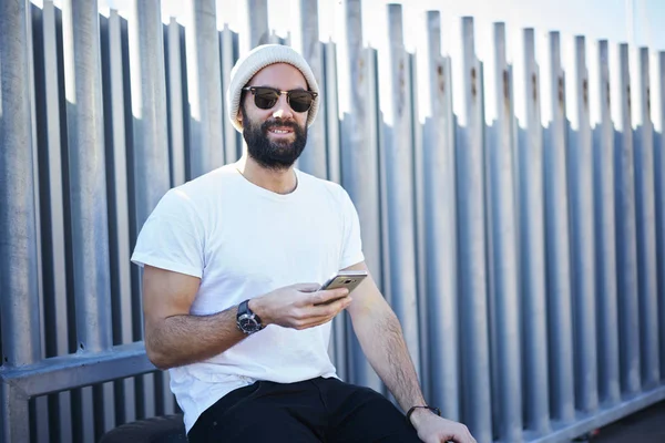 Portrait Smiling Bearded Hispanic Model Casual White Shirt Advertising Area — Stock Photo, Image