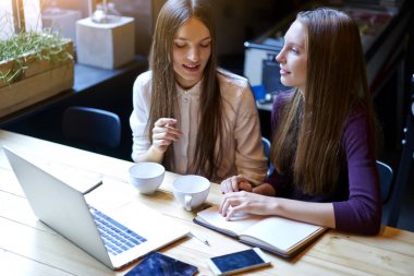İki zeki genç dizüstü bilgisayar şık kafe iç oturan eğitim projesi oluşturma ilginç fikirler söz. Uzay coworking birlikte okuyan zeki genç kadınlar