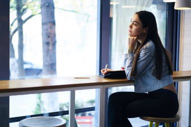 Rüya gibi yetenekli yazar düşünme yeni romanı elinde kalemiyle kafede oturan ve Not defteri yazma. Pencereden dışarı bakıyor ve rekreasyon vaktinizi kafe iç düşünceli genç kadın