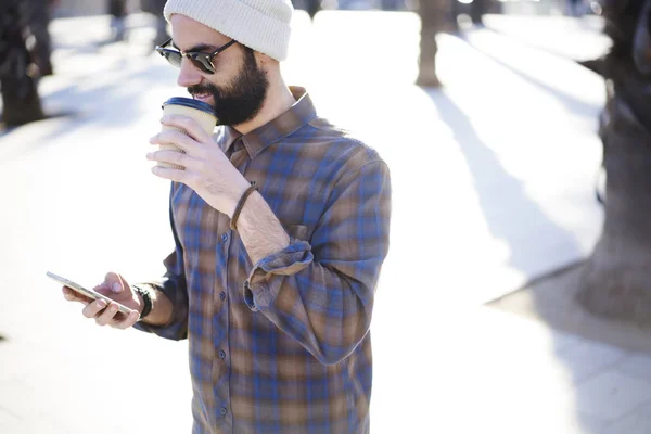 Young Bearded Male Walking Outdoors City Square Blogging Social Networks — Stock Photo, Image