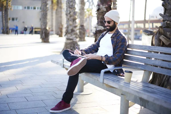 Handsome Talented Writer Resting Bench Creating Article Travelling Enjoying Working — Stock Photo, Image