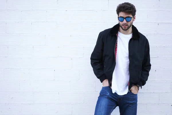 Portrait Confident Good Looking Man Posing Camera While Standing White — Stock Photo, Image