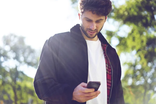 Positive Good Looking Student Checking Notification While Sending Messages Friends — Stock Photo, Image