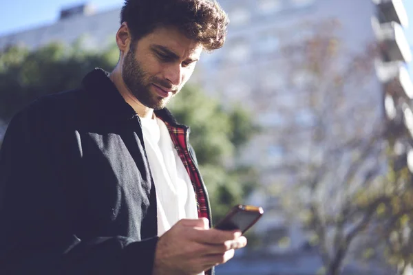 Pensive Bearded Young Student Dressed Stylish Outfit Searching Useful Information — стоковое фото