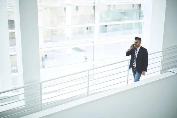 自信を持って男性起業家は白いインテリア事務所ビル ビジネス会話を持つ携帯電話で話している経験豊かな成熟したエグゼクティブ マネージャーにおける階段の歩行正式な衣装に身を包んだ — ストック写真