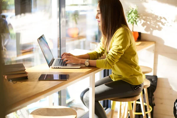 Professionelle Weibliche Web Designerin Mit Anwendung Arbeiten Online Projekt Café — Stockfoto