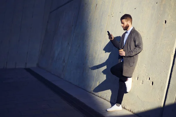 Full Length Stylish Hipster Guy Calling Taxi Modern Smartphone Application — Stock Photo, Image