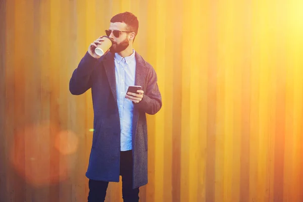 Stylish Young Male Casual Outfit Drinking Beverage Colorful Wall Area — Stock Photo, Image