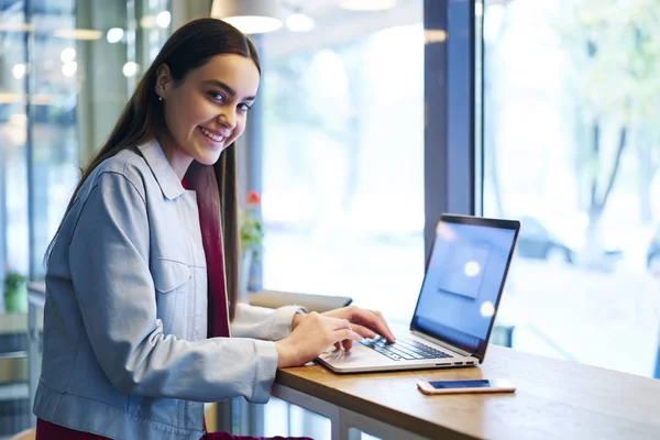 Portrait Cheerful Copywriter Gorgeous Brunette Hair Typing Text Information Keyboard — Stock Photo, Image