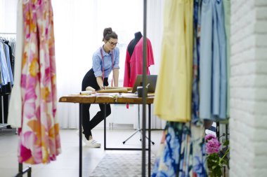 Yetenekli tasarımcı teknoloji bilgileri aramak ve trendy topluluğu elbiseler, modacı dizüstü bilgisayarda uygulama çalışmalarında denetimi oluşturulurken USB'yi kullanarak arka plan üzerinde