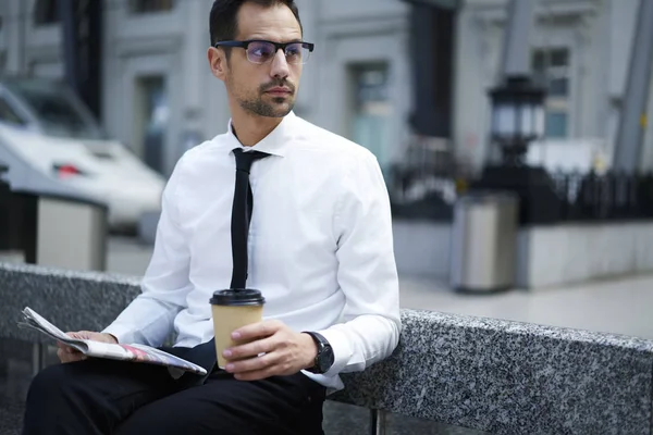 Pensive Male Economist Eyewear Waiting Public Transport Railway Station Holdings — Stock Photo, Image