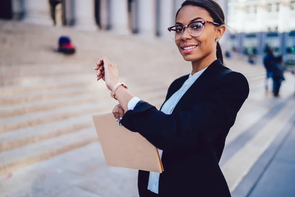 Half Length Portrait Cheerful Businesswoman Dark Skin Eyeglasses Wearing Black — Stock Photo, Image