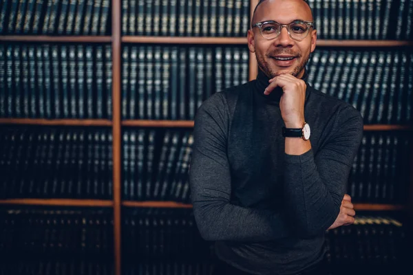 Half Length Portrait Cheerful Male Journalist Stylish Eyewear Spending Time — Stock Photo, Image