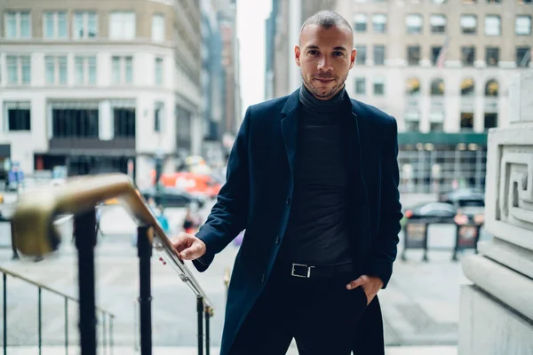 Half Length Portrait Handsome Young Man Elegant Coat Standing Downtown — Stock Photo, Image