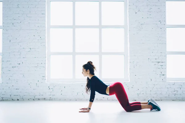 Slim Woman Tracksuit Bending Back Having Pilates Workout White Interior — Stock Photo, Image