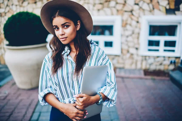 Half Length Portrait Charming Hipster Girl Blonde Hair Trendy Hat — Stock Photo, Image