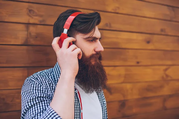 Side View Stylish Bearded Young Man Dressed Casual Shirt Listening — Stock Photo, Image