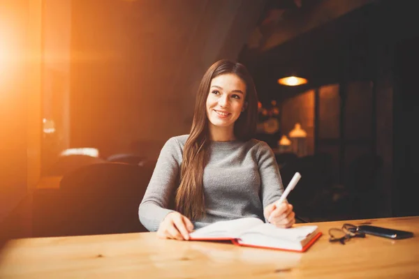 Positive brunette student looking away and smiling while writing down poems in own diary sitting indoors in coworking space.Thoughtful female thinking on homework.Publicity area for advertising text