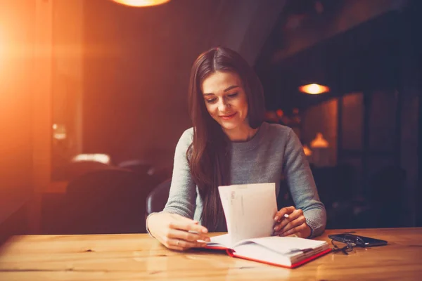 Smiling Young Woman Brunette Hair Turning Pages Searching Useful Information — Stock Photo, Image