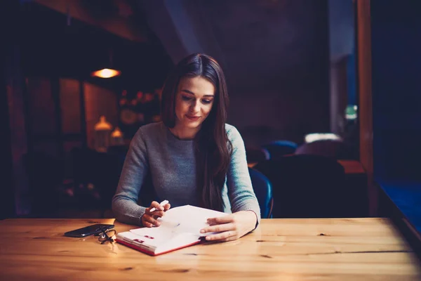 Young Businesswoman Browsing Pages Own Diary Notepad Searching Useful Information — Stock Photo, Image