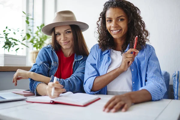 Portret Van Vrolijke Multiraciale Vrouwelijke Studenten Voorbereiden Onderzoek Samen Genieten — Stockfoto