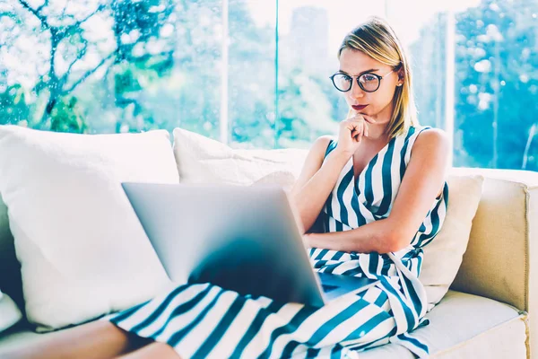 Concentrated Female Web Designer Optical Spectacles Watching Webinar Digital Laptop — Stock Photo, Image