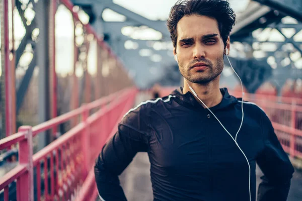 Portrait Handsome Sportsman Dressed Stylish Tracksuit Training Looking Camera While — Stock Photo, Image