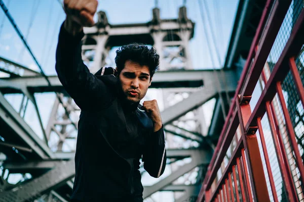 Concentrated Young Professional Boxer Dressed Black Tracksuit Engaged Sport Urban — Stock Photo, Image