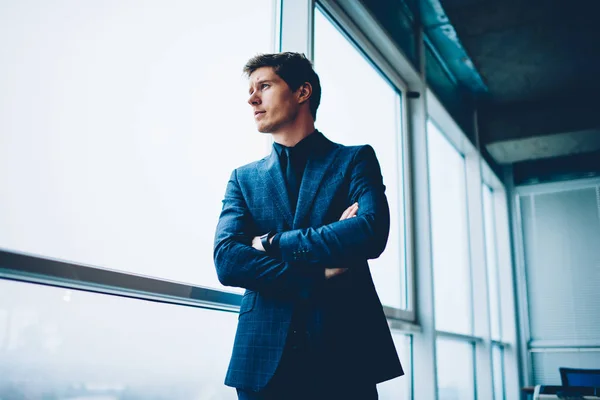 Pensive Prosperous Businessman Formal Outfit Looking Away Window Thinking Future — Stock Photo, Image