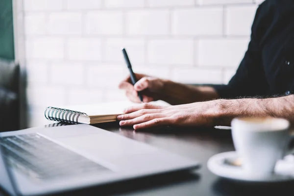 Cropped Image Businessman Dressed Black Shirt Writing Text Information Notepad — Stock Photo, Image