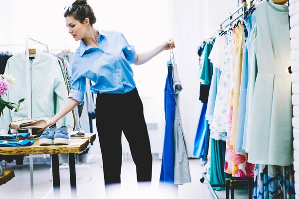 Talented Young Designer Choosing Clothing New Future Collection Standing Own — Stock Photo, Image