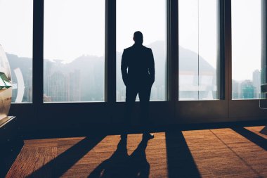 Pencereden dışarı bakıyor ve gelişmekte olan iş stratejisi ve ofiste zor bir gün sonra ayakta ve gün batımı sahne zevk yeni fikirler üzerinde düşünme formal giyim siyah girişimci silüeti giymiş