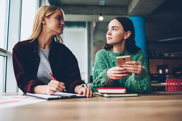 Two Female Colleagues Discussing Design Ideas Developing Own Business Fashion — Stock Photo, Image