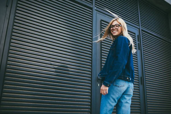 Half Length Portrait Happy Blonde Young Woman Stylish Eyeglasses Smiling — Stock Photo, Image