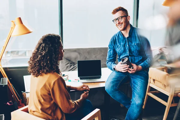 Two Colleagues Laughing Conversation Each Other Sitting Modern Office Male — Stock Photo, Image