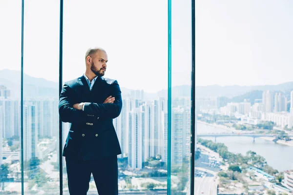 Confident Bearded Businessman Dressed Black Formal Apparel Looking Away Out — Stock Photo, Image