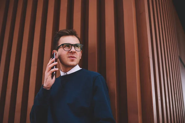 Young Good Looking Male Person Cool Spectacles Communicating Friend Application — Stock Photo, Image