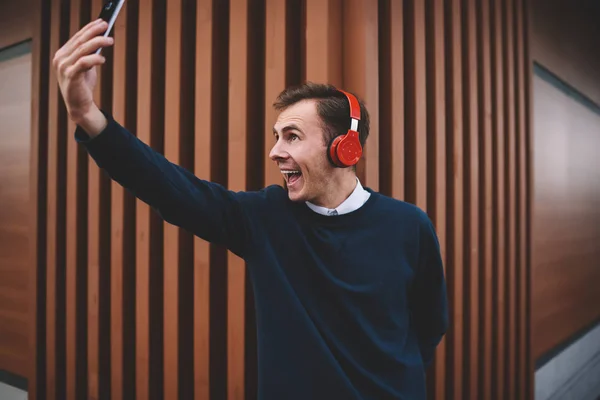 Handsome Emotional Male Student Having Fun While Making Selfie Modern — Stock Photo, Image