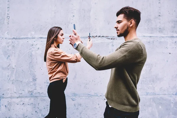 Young Hipsters Looking Modern Smartphones Living Internet Addiction Ignoring Real — Stock Photo, Image