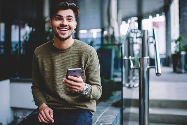 Happy Bearded Hipster Guy Excited Good News Receiving Message Smartphone — Stock Photo, Image