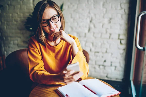 Positive Hipster Girl Trendy Eyeglasses Resting Cafe Interior Chatting Social — Stock Photo, Image